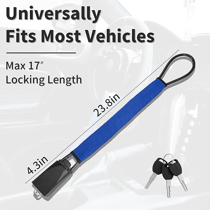 Car Steering Wheel Lock, 1 Pack Anti Theft Car Device with Max 17” Locking Length, Thickened Steel Wire, and Fine Stitched Edges, 3 Keys Included, Easy to Store, Fits Most Vehicles, SUVs（Blue）