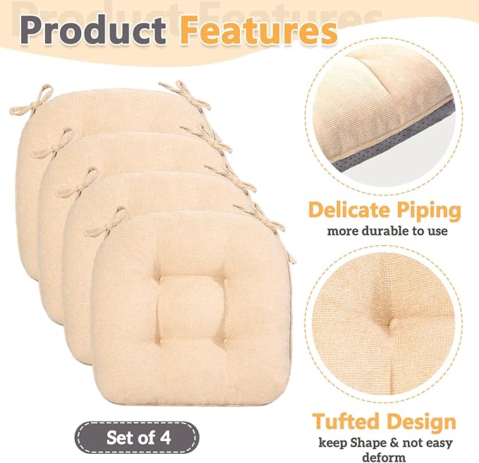 MAGIC ELEPHANT Chair Cushions for Dining Chair, Shredded Memory Foam Kitchen Chair Cushions Set of 4, Non-Slip Thick Dinning Room Chair Pads Seat Cushions, 15.5" x 15.5" x 4" (Beige)