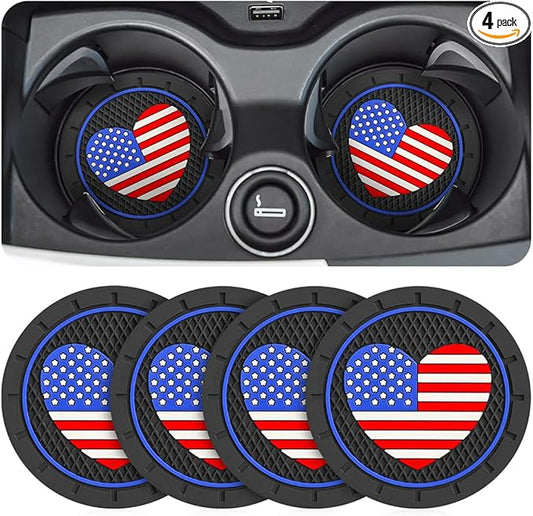 AUCELI 4 Pack Car Cup Holder Coasters, Colored American Flag US Flag Insert Car Cup Coaster, 2.75 Inch Anti Slip Shockproof Embedded Drink Mat, Vehicle Interior Decor Accessories