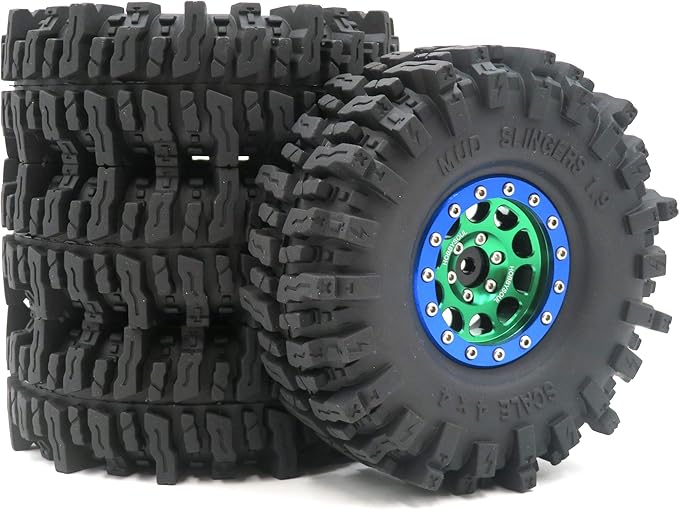 HOBBYSOUL Soft Sticky 1.9 Mud Slingers Tires T8 Tyre 120mm/4.72inch & 1.9 Beadlock Wheels Green Blue Color For 1/10 Rock Crawler Traxxas TRX4 Axial SCX10 Redcat Gen8, (4-Pack)