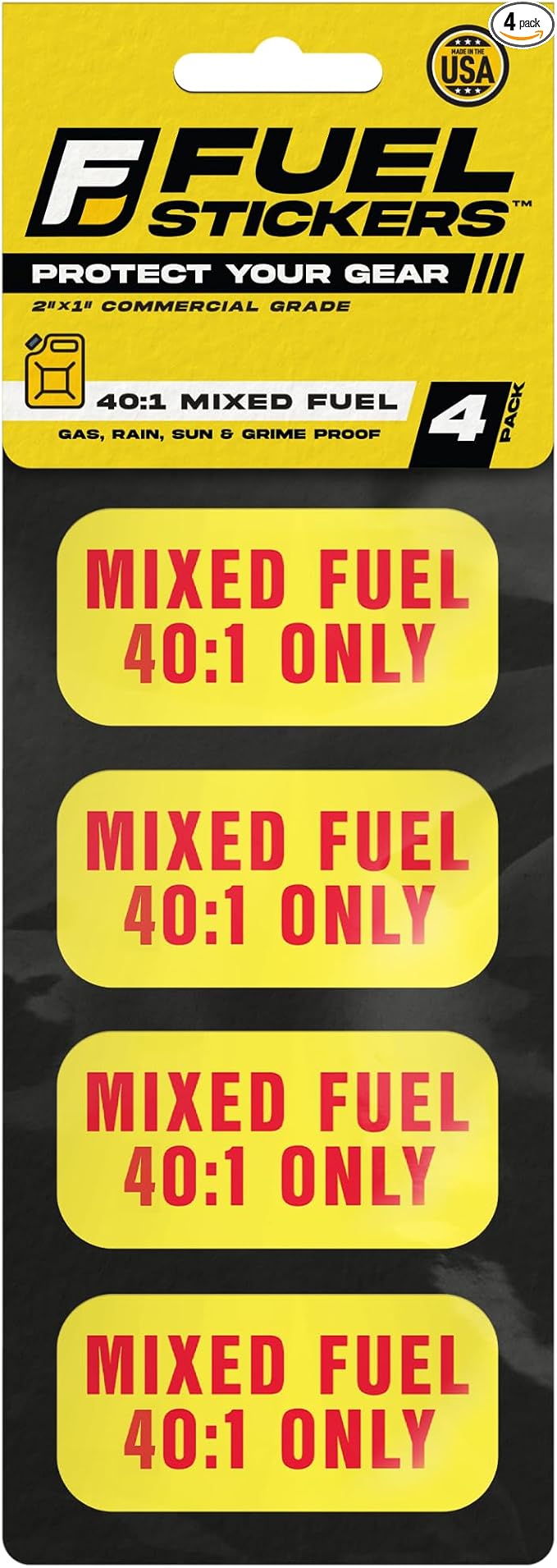 Mixed Fuel Sticker 40:1 - Gas Oil Mix Label for Outdoor Fuel Power Equipment - Weather Proof, Extreme Stick, Commercial Grade Label by Fuel Stickers - USA Made (2x1 inch), 4 Labels