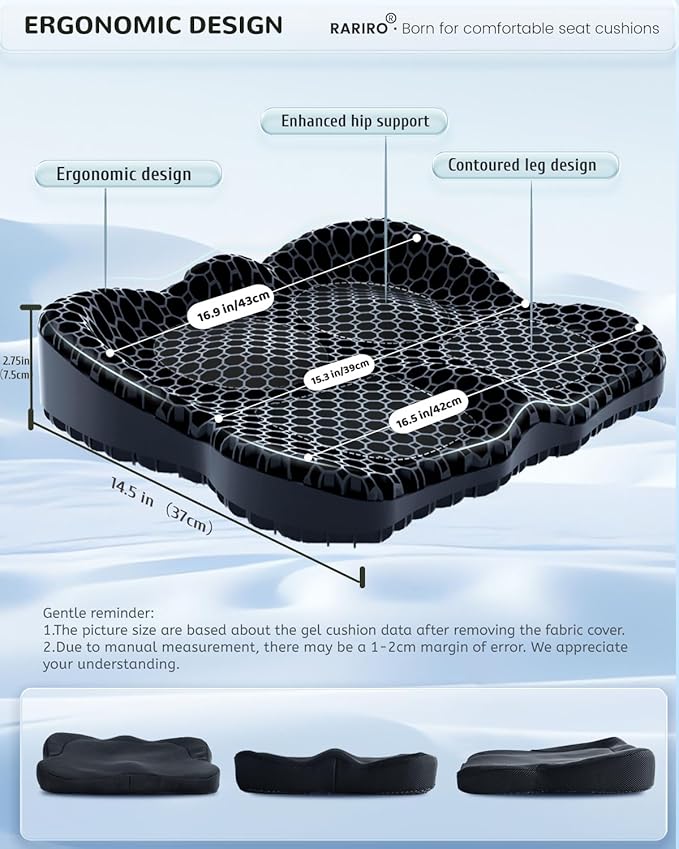 Gel Seat Cushion for Long Sitting(Enlarged & Thickened), Cooling Pressure Relief Seat Cushion for Wheelchair, Driving, Kayak, Office Desk Chair Seat Pad Gel for Heavy People[Black-2.75" Thick]