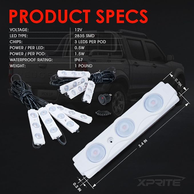 Xprite Purple LED Truck Bed Light Kits with On/Off Switch, for Pickup Exterior Interior Neon Lights, Footwells, Running Boards, Cargo, Under Car, Tonneau Cover, Rail Rock Lighting - 8 PCs