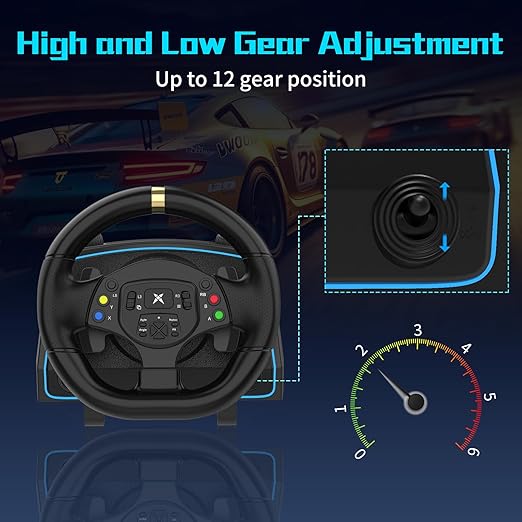 NBCP Gaming Steering Wheel with Pedals and Shifter -1080° Racing Wheel, Sensitivity Adjustment,Angle Locking,Double Vibration, Hall Effect Pedal, 6-Speed H-Pattern Shifter- Steering Wheel for PC, PS3