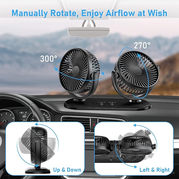 TriPole Car Fan 12V / 24V Portable Auto Cooling Fan Dual Head Rotatable Vehicle Fans 3 Speeds Strong Wind Electric Air Circulation Fans for Car Dashboard Truck SUV Sedan RV Van Boat Golf Cart