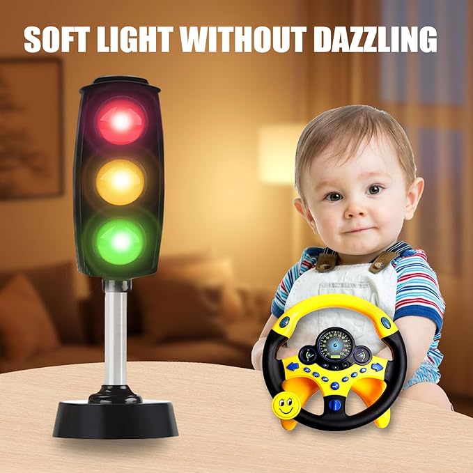 Kids Driving Toy Set with Interactive Steering Wheel and Traffic Light-Simulate Driving Car Steering Wheel Toy for Kids with Dashboard Display,Yellow and Black