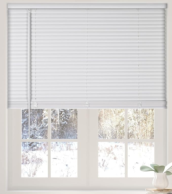 Calyx Interiors Cordless White 1” Light Filtering Mini Blinds 32.5” W x 60” H Window Blinds for Home, Vinyl Horizontal Blinds for Indoor Windows