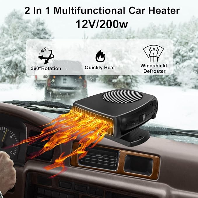 Car Heater, 200W 12V Portable Windshield Defogger and Defroster，2 in 1 Modes Fast Heating &Cooling Fanswith Cigarette Lighter Plug 360 Degree Rotary Base