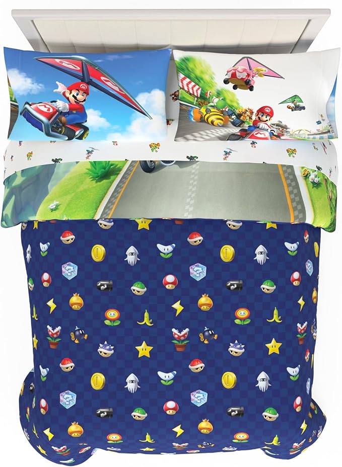 Super Mario Kart Game Kids Bedding Set, Full Size, 5-Piece Super Soft Cozy Reversible Comforter & Sheet Set (Officially Licensed Product) by Franco | Durable, Reversible, Officially Licensed