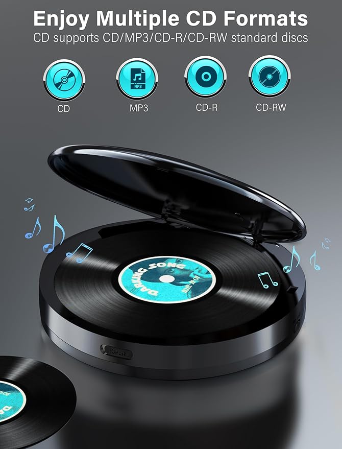 Portable CD Player with 2000mAh Rechargeable Battery-Bluetooth Connect CD Player with 3.5mm Headphones Jack,FM Transmitter,LCD Screen,AUX,Built-in Speaker,USB MP3 Player, Anti-Shock Protection for Car