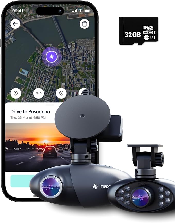 Nexar Pro Dual Dash Cam 1080p FHD Front and Interior Cameras AI Crash Detection 24H Parking Mode Night Vision and Unlimited Cloud Backup Includes 32GB SD Card