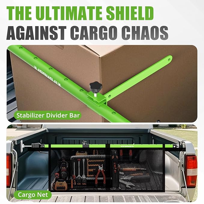 KILOUPOLE Adjustable Cargo Bar, 40" to 79" Non-Slip Truck Bed Divider, Cargo Bar for Pickup Truck Bed Cargo Bars for SUVs, Trailers, Vans, Comes with 2 Cargo Bars, 2 Dividers, 1 Cargo Net