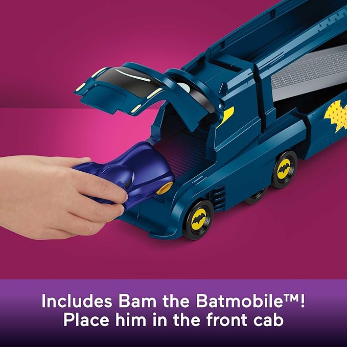 Fisher-Price DC Batwheels Toy Hauler and Car, Bat-Big Rig with Ramp and Bam The Batmobile 1:55 Scale Diecast Toy Vehicle, Ages 3+ Years