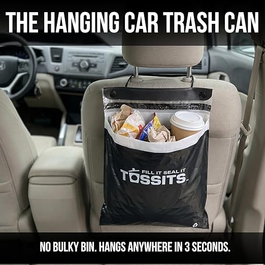 Tossits Recycled Disposable Car Trash Bags – Leakproof, Smell Proof Hanging Garbage Bags for Car, Truck, SUV, RV & Vehicle – Black, 7 Count Disposable Automotive Trash Bags