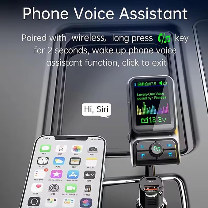 Wireless in-Car Bluetooth FM Transmitter Radio Adapter Car Kit, 1.8 Inch Display Supports TF/SD Card EQ and QC3.0 & 5V/2.4A Charging Hands-Free Calls