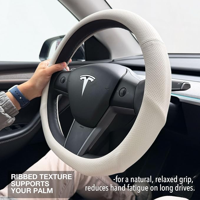 PINCTROT Supported Grip Nappa Leather Steering Wheel Cover for Tesla Model Y/3 Highland/Juniper, D Shaped 14 Inch Small Sized with Breathable Perforation, Flat Bottom 14 Inch(Cream White)