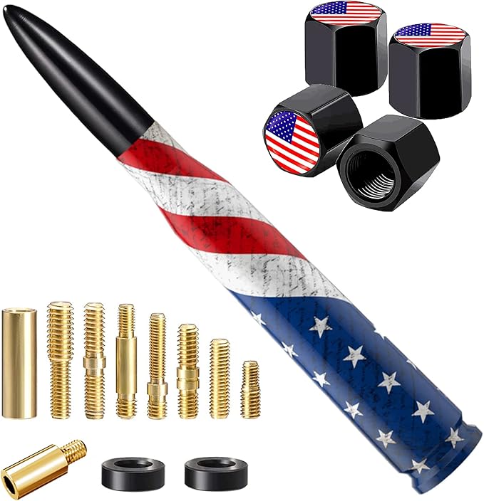 American Flag Car Truck Bullet Antenna with Valve Stem Caps, Universal Antenna Mast for GM Chevy Silverado 1500 2500 3500 HD Avalanche Ford F150 F250 F350 Heavy Duty Pickup Jeep Accessories (Black)