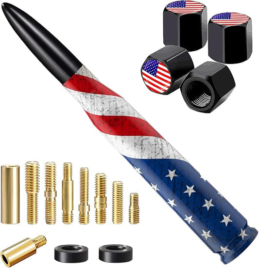 American Flag Car Truck Bullet Antenna with Valve Stem Caps, Universal Antenna Mast for GM Chevy Silverado 1500 2500 3500 HD Avalanche Ford F150 F250 F350 Heavy Duty Pickup Jeep Accessories (Black)