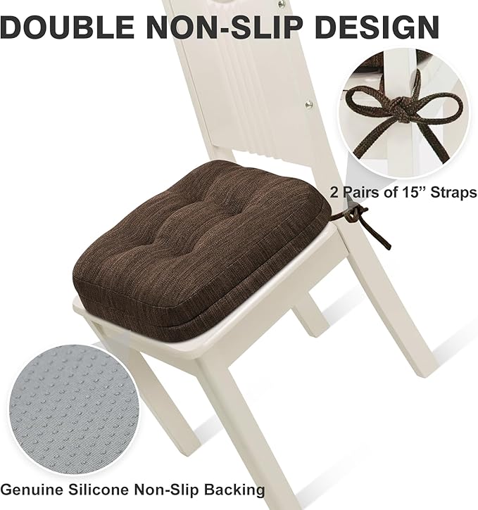 Shinnwa Dining Chair Cushions Set of 2, Dual-Layer Memory Foam Kitchen Chair Cushions, Patented Design Seat Pads with Ties, 16.5 x 16.5 x 3.5in, 4 Pack, Dark Brown