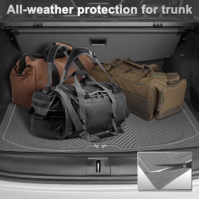 CAR PASS Gray Rubber Floor Mats&Cargo Liner,Waterproof Truck Mats Heavy Duty,All Weather Trim-to-Fit Automotive Mat for Car Truck SUV,Anti-Slip Easy Clean Durable,Full Set 5-Piece,3D Emboss All Grey