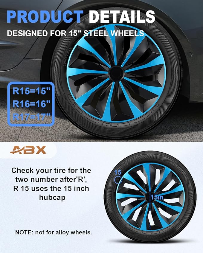 ABX Hubcaps,15 inch hubcaps Set of 4, Wheel Rim Cover ABS Material, Snap On Car Truck SUV Replacement, for Toyota Camry Nissan Mazda etc, Black & Blue