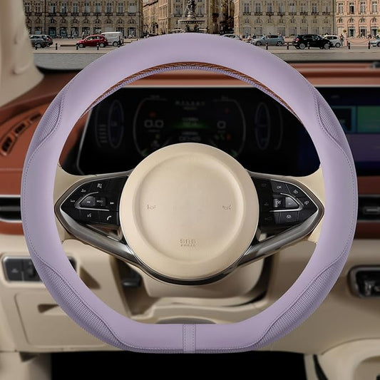 Nappa Leather Purple D Shape Steering Wheel Cover, Advanced Microfiber Leather Non-Slip Breathable Fabric, Warm in Winter and Cool in Summer, Universal 15 inch