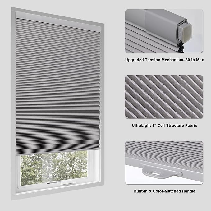 Tonature No Drill Cellular Shades for Indoor Windows, Thermal Insulating & Noise Reducing Honeycomb Blinds, Free Stop Cordless Blackout Shades, Grey,42 1/2" W x 64" H