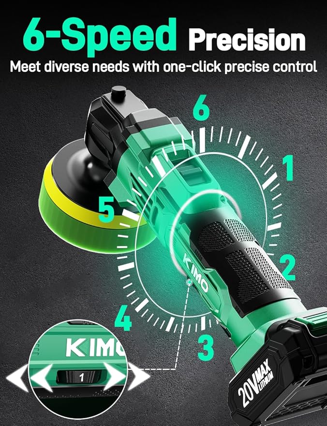 KIMO 20V Cordless Buffer Polisher Kit, 25Pcs Polishing Kit, 6 Speeds to 6000RPM Cordless Polisher with 2000mAh Battery, 4 Inch Buffer Polisher for Car, Motorcycle, Truck Detailing, Scratch Remover