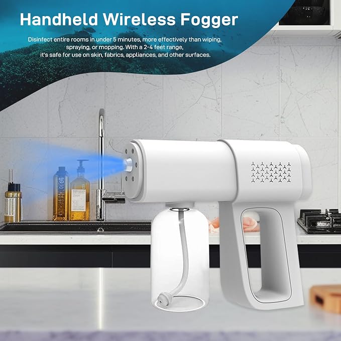 Professional Fogger Machine, 380ml Wireless Nano Sprayer Gun, Rechargeable ULV Atomizer with Blue Light for Touchless Cleaning