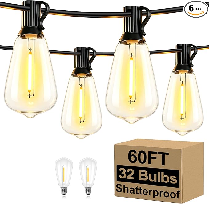 Brightever LED Outdoor String Lights 60FT with 32 Shatterproof ST38 Vintage Edison Bulbs, Outside Hanging Lights Waterproof for Patio, Porch, Deck, Garden, Backyard, Balcony, 2700K Dimmable