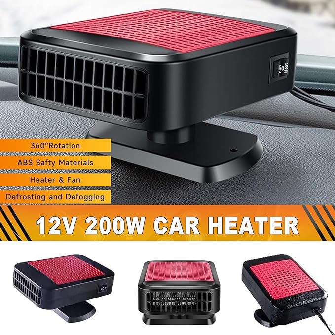Car Heater & Defroster 12V Portable Car Heaters for Vehicle – 200W Fast Heating & Cooling Fan with 360° Rotatable Base Plug In Windshield Defogger for Car,Truck,SUV,RV | Auto Heater for Winter Driving
