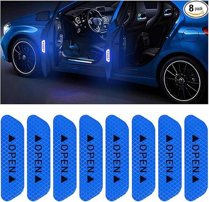 8PCS Reflective Open Warning Stickers for Car Door, Night Visibility Auto Safety Prompt Decals, Anti-Collision Protective Strip Tape, Car Accessories Universal for Truck, SUV, Van (Blue)