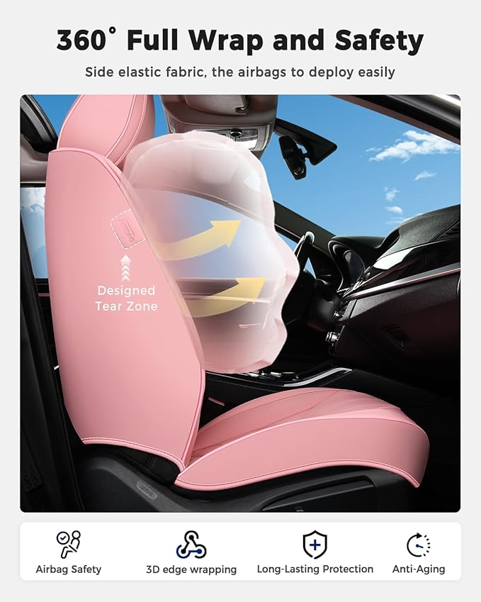 Huidasource Leather Car Seat Covers Full Set, Full Coverage Universal Fit for Most Cars SUVs Trucks, Easy Install with Velcro, Airbag Compatible, Retains Seat Functions & Cupholders, Pink