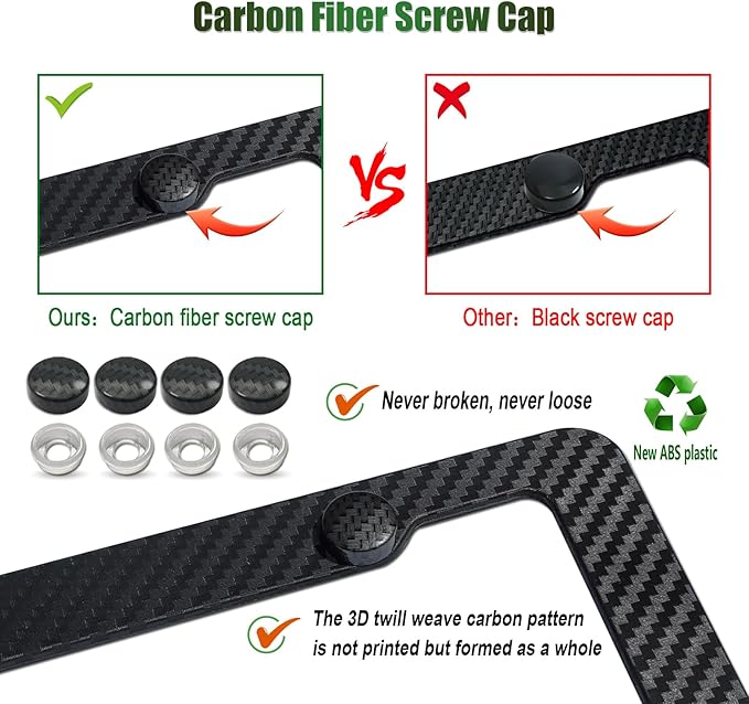 Carbon Fiber License Plate Frames- Black Carbon Pattern Plastic Front & Rear Car Tag Holder Cover 2 Pack with Mount Hardware, Screws, Caps, Handlebar Stickers