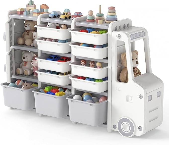 Costzon Car-Shaped Toy Storage Organizer, Kids Toy Shelf w/11 Removable Bins, 2 Cabinets, Top Shelf & Cab Compartment, Toddler Bookshelf for Kids Room, Playroom, Classroom, Living Room (Car)