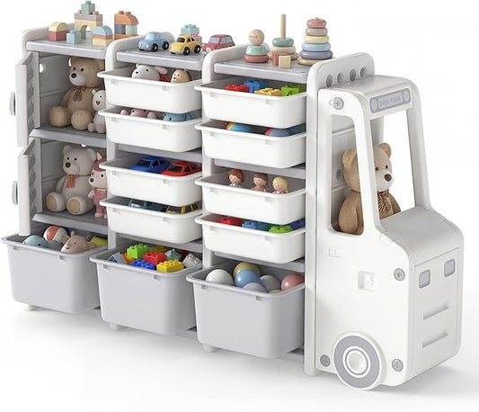 Costzon Car-Shaped Toy Storage Organizer, Kids Toy Shelf w/11 Removable Bins, 2 Cabinets, Top Shelf & Cab Compartment, Toddler Bookshelf for Kids Room, Playroom, Classroom, Living Room (Car)