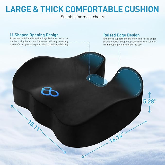 BlissTrends Seat Cushion,5.2in Thick Memory Foam Cushions for Office Chair, Car Seat, Airplane, Relieving Pressure Tailbone Sciatica Back Pain for Long Sitting Office Workers, Car Drivers Black