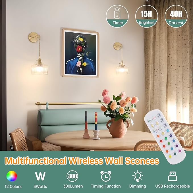 Shenmoyl Battery Operated Wall Sconce with Clear Striped Shade Pattern Glass Adjustable Chain Retro Gold Wall Mounted Light, Modern Wall Lamp Fixtures Decor for Bedside Bedroom Indoor Doorway
