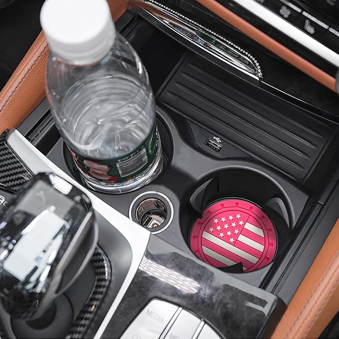 Osilly Car Cup Holder Coasters, 4 Pack American Flag Insert Car Cup Coaster, 2.75 Inch PVC Anti Slip Shockproof Embedded Drink Mat, Car Interior Decoration Accessories for SUV, Truck(Rose Red)
