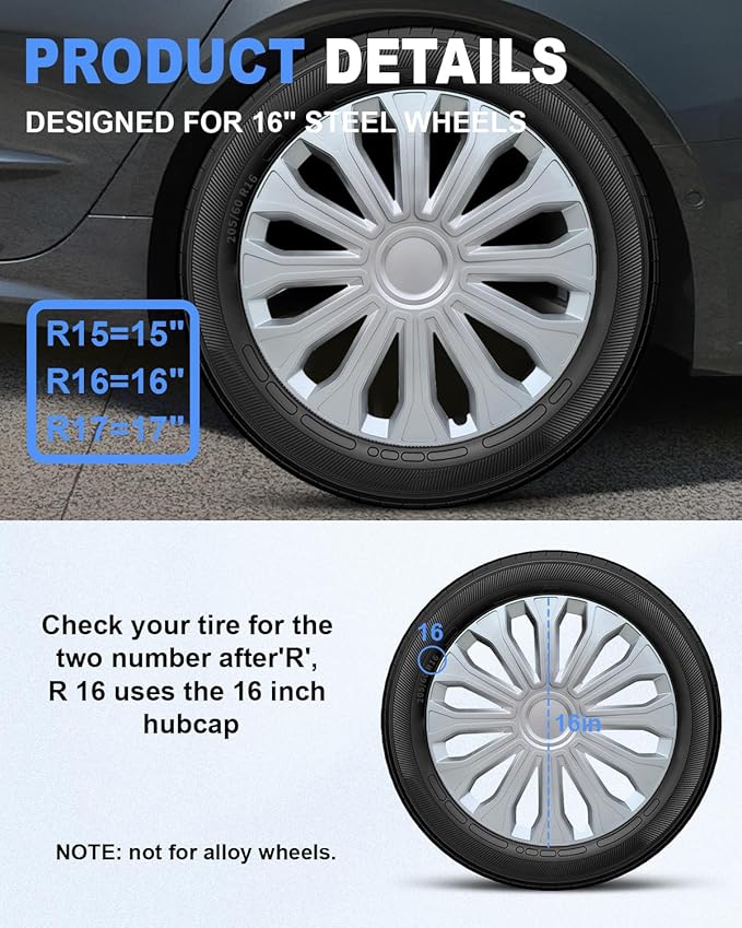 ABX Hubcaps,16 inch hubcaps Set of 4, Wheel Rim Cover ABS Material, Snap On Car Truck SUV Replacement, for Toyota Camry Nissan Mazda etc, Silver