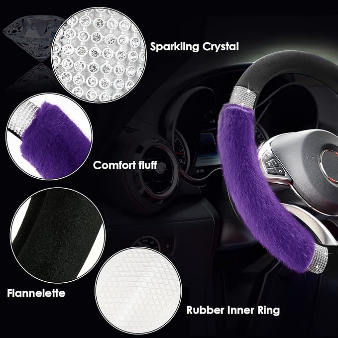 Achiou Rhinestone Fluffy Steering Wheel Cover - Comfortable Non-Slip Luxury Faux Wool, Universal Fit for 14.5" to 15" Steering Wheels