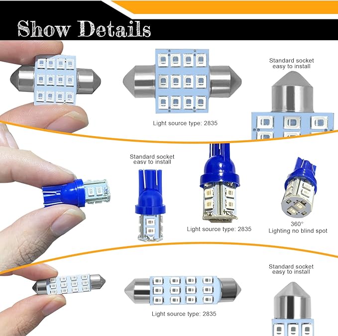 YOGEIER Car Led Bulb, Car Led Combination Set of 24 Sets, Used for Car Interior Lights, Indoor Map Dome Lights, Trunk Lights, License Lights, Etc. (Blue)