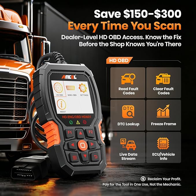 ANCEL New HD601 Heavy Duty Truck Scanner, Diesel Full System Diagnostic Scan Tool Fits for Cummins, Detroit, Volvo, Paccar & Caterpillar, 2 in 1 HDOBD & OBD2 Code Reader for Commercial Vehicles & Cars