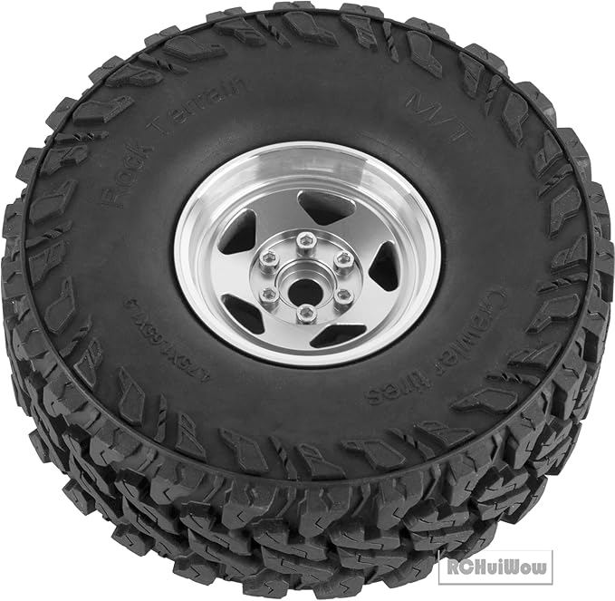 RC Alloy 1.9" Beadlock Wheels and Tires for 1/10 RC Crawler TRX4 SCX10 SCX10 III 90046 D90,1.9 RC Wheels and Tires 1.9 Beadlock Tires RC Rims,4 Packs,Silver