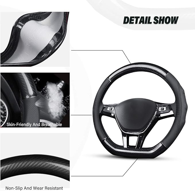 Ergocar Car Steering Wheel Cover Non-Slip Car Steering Wheel Protector Sport D-Shape Carbon Fiber & First Layer Cowhide Universal for Diameter 38cm(15") (D-Black-red)