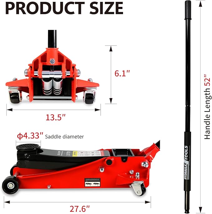 3 Ton Low Profile Trolley Floor Jack, Professional Steel Racing Floor Jack with Dual Pistons Quick Lift Pump,Red Heavy Duty Hydraulic Floor Jack Lifting Range 3.3"-19.7", 3 Ton (6,600 lb) Capacity