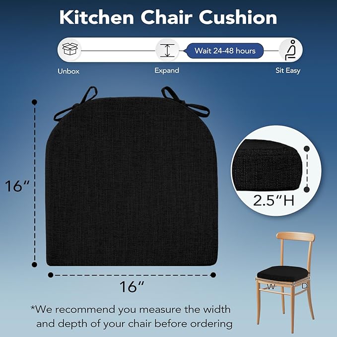 Chair Cushions for Dining Chairs, Non Slip Chair Pads with Ties and Washable Covers, Memory Foam Kitchen Chair Cushions Set of 4, 16"X16"X2.5", Black