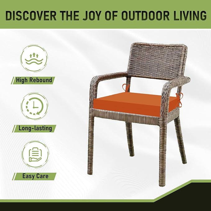 Basic Beyond Outdoor Chair Cushions Set of 4, Square Corner Outdoor Cushions for Patio Furniture, Water Resistant Patio Chair Cushions with 2 Ties, 18.5x16x3, Orange