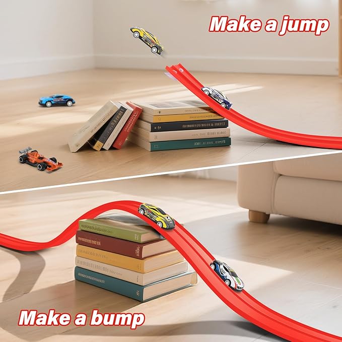 KETIEE Flex Tracks 16Ft for Kids: Flexible Race Car Ramp Track with 4 Small Racecars and 8 Suction Cups Compatible with Diecast 1/64th Cars, Rolls Up Portable Racetrack for Ages 3 & Up