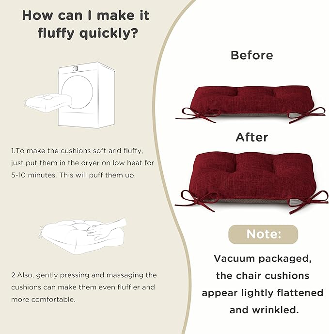 AddGrace Chair Cushions for Dining Chairs Set of 4 Kitchen Seat Cushions with Ties and Non Slip Backing Tufted Indoor Seat Pad for Kitchen Dining Room 18" x 17" x 3" Burgundy